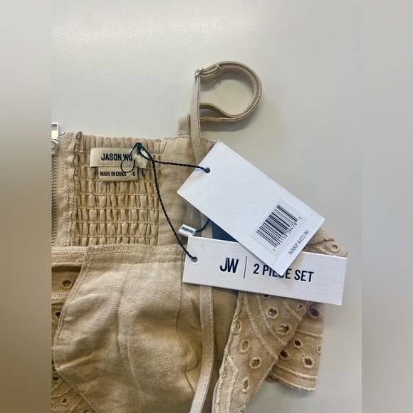 NWT Jason Tan Linen Blend Crochet Eyelet Boho Bohemian Vacation Crop Top Blouse - Picture 3 of 8